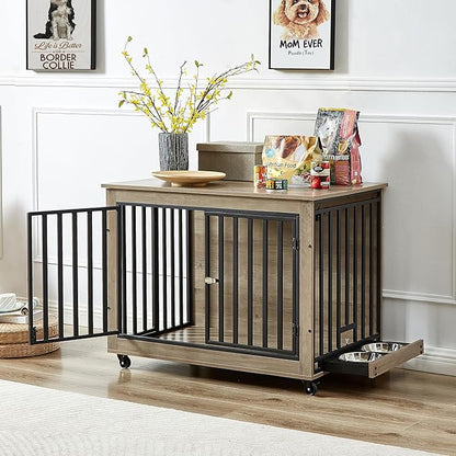 Okak Dog Crate Furniture Side Table Wooden Dog Crate with 2 Feeding Bowls on Casters Heavy-Duty Dog Kennel Indoor for Medium/Large Dog Opening,Grey,38.58" W