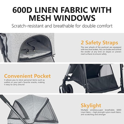 3-in-1 Dog Stroller for Medium Dogs 2 Dogs/Cats, 44lbs(Grey)