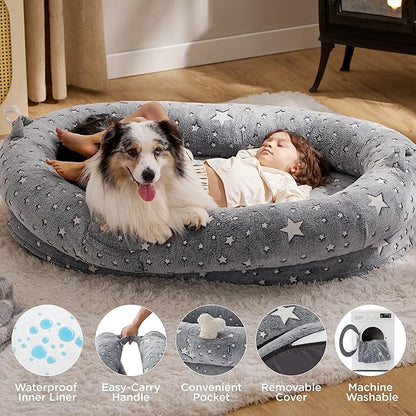 Bedsure Human Dog Bed for Kids, 55"x37"x10" Floor Bed for Toddlers with Memory Foam Supportive Mat and Storage Pocket, Fluffy Orthopedic Standard Star Bed/Toy Storage, Washable Portable Crib, Grey