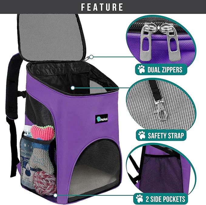 PetAmi Small Dogs and Cat Backpack Carrier, Airline Approved Pet Backpack Carrier, Ventilated, Safety Strap, Buckle Support Designed for Hiking Travel Camping Outdoor, Max 18 lbs (Purple)