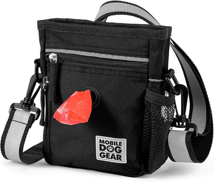 Mobile Dog Gear Dog Walking Fanny Pack (6"x7", Black) - Dog Training Treat Pouch with Poop Bag Dispenser & Bags, 2 Reflective Wrist Straps, Adjustable Shoulder Strap, Flashlight, Water Bottle Pocket