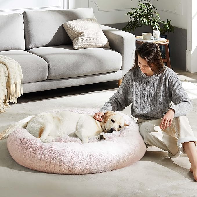 WESTERN HOME WH Calming Dog & Cat Bed, Anti-Anxiety Donut Cuddler Warming Cozy Soft Round Bed, Fluffy Faux Fur Plush Cushion Bed for Small Medium Dogs and Cats (20"/24"/30"/36")