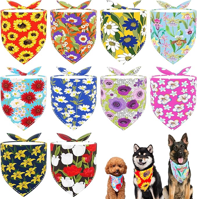 10PCS Dog Bandanas Floral Spring Flowers for Medium Breed Dog Pink Purple Yellow Pattern Kerchief Triangle Bibs Head Scarves for Boys and Girls Grooming Accessories Costume