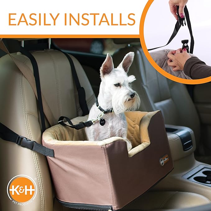 K&H Pet Products Hanging Bucket Booster Pet Seat, Elevated Dog Booster Car Seat, Car Window View for Petite and Toy Breeds, Tan 16 X 14.5 Inches