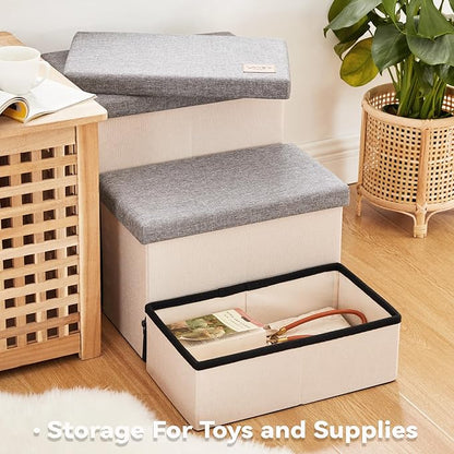 Love's cabin Dog Stairs for Small Medium or Large Dogs with Storage and Condo Couch,3-Step Gray 200 lbs,Beige+Grey