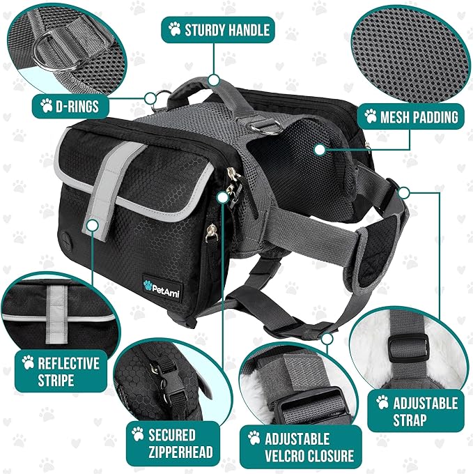 PetAmi Dog Backpack Saddle Bag for Medium Large Dogs, Dog Saddlebag for Dogs to Wear, Harness Saddlebag for Hiking with Reflective Safety Side Pockets, Vest Dog Pack for Camping Travel (Black, Medium)