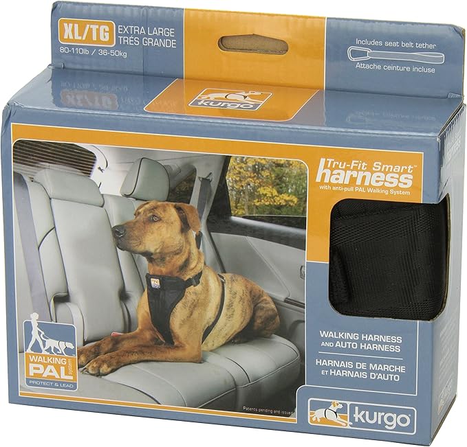 Kurgo Tru-Fit Smart Harness, Dog Harness, Pet Walking Harness, Quick Release Buckles, Front D-Ring for No Pull Training, includes Dog Seat Belt Tether (Black, X-Large)