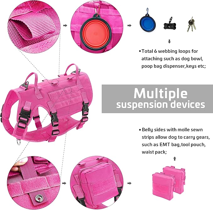 Forestpaw Pink Tactical Dog Harness for Large Dogs,Tactical Dog Collar with Bungee Leash Set,No Pull Military Dog Harness for Dog Walking Training,Adjustable for Medium Large Dogs,L