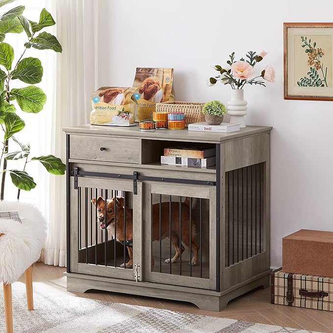 NicBex Dog Crate Furniture Dog Cage with Sliding Doors and Drawers
