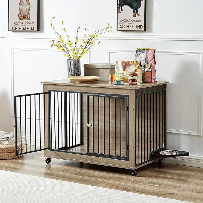 NicBex Dog Crate Furniture Dog Cage with Rotatable Feeding Bowl and 3 Doors