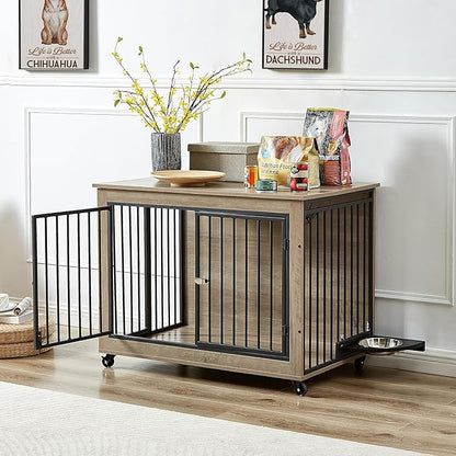 NicBex Dog Crate Furniture Dog Cage with Rotatable Feeding Bowl and 3 Doors