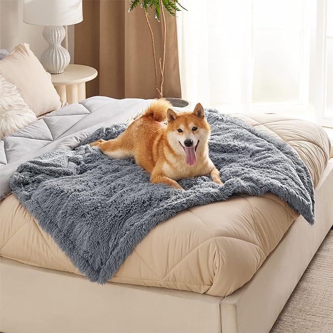 Bedsure Waterproof Dog Blankets for Large Dogs - Calming Cat Blanket for Couch Protector Washable, Long Faux Fur Pet Throw Blanket for Puppy, Reversible Furniture Protection, 40"x50", Grey