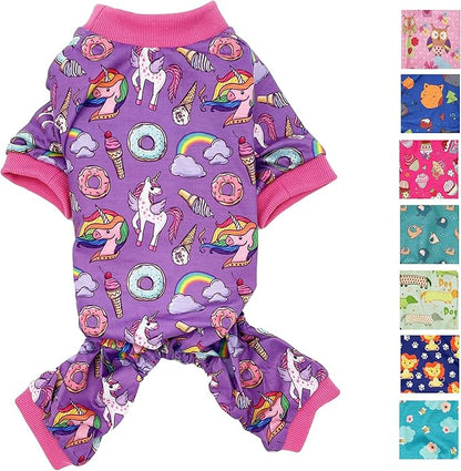 Dog Pajamas Soft COTTON Blend Jumpsuit Cute Pet Clothes for Small Medium Pet (Lavender Unicorns, L: Length 18", Chest 22" - 26")