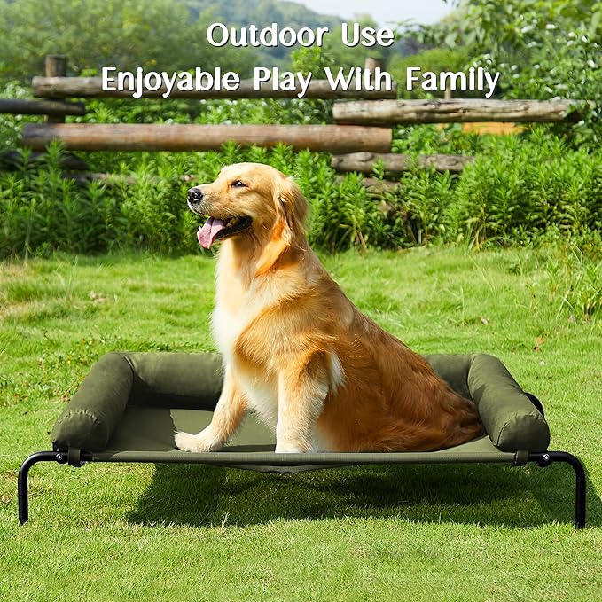 WESTERN HOME WH Elevated Dog Bed Cot, Raised Outdoor Dog Bed with Bolster for Large Dogs, Slightly Chew Proof Portable Cooling Pet Cot with Breathable Mesh, Skid-Resistant Feet, Green,43 inches