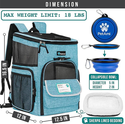 PetAmi Dog Backpack Carrier, Airline Approved Cat Backpacks for Carrying Small Large Cats, Pet Carrier Back Pack, Ventilated Soft Sided for Travel, Hiking, Camping, Max 18 lbs, Turquoise