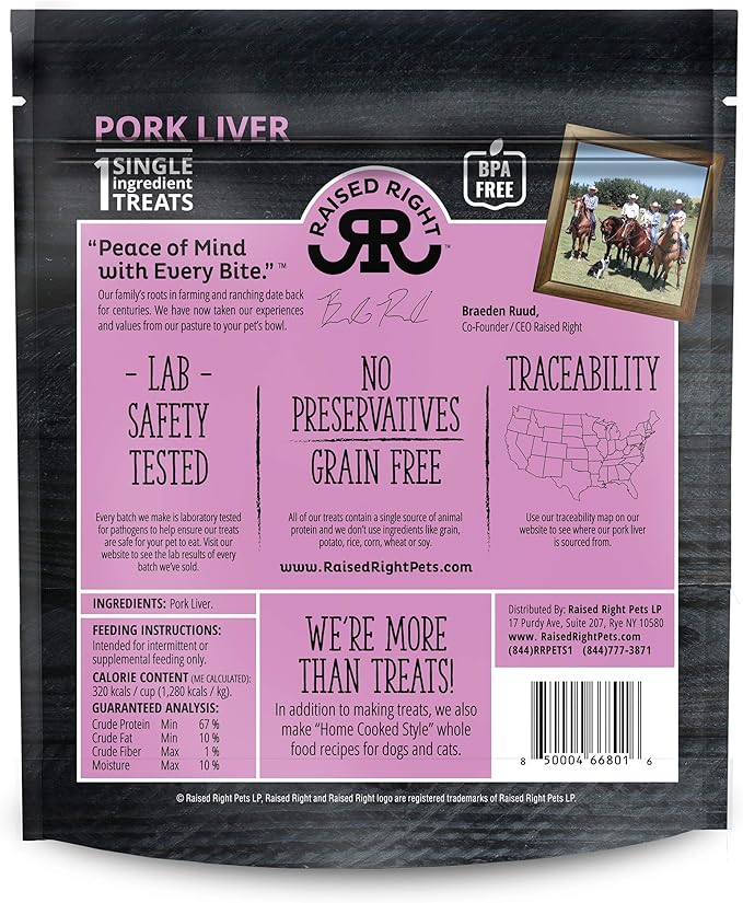 Raised Right Pork Meat Bites, Single Ingredient Liver Treats for Dogs & Cats - 5 oz. Bag