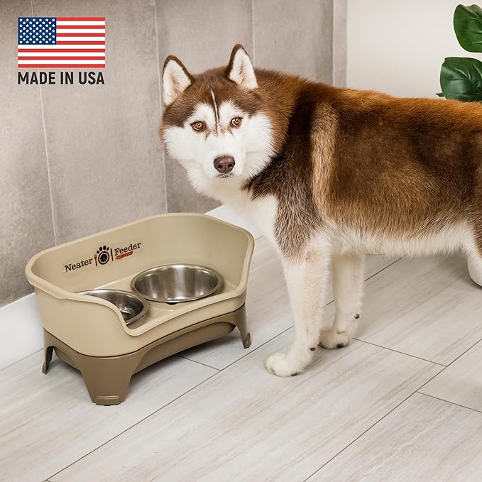 Neater Feeder - Express Model - Mess-Proof Dog Bowls (Medium/Large, Cappuccino) – Made in USA – Elevated, No Spill, Non-Tip, Non-Slip, Raised Stainless Steel Food & Water Pet Bowls