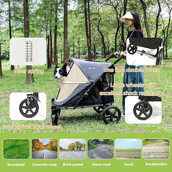 Dog Stroller for Medium/Large Dogs One-Click Folding Totoro 4 Wheel 2 Dogs 110LBS (Beige&Grey)