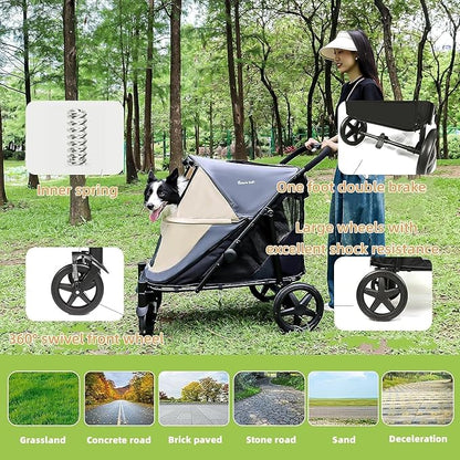 Dog Stroller for Medium/Large Dogs One-Click Folding Totoro 4 Wheel 2 Dogs 110LBS (Beige&Grey)