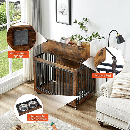 NicBex Dog Crate Furniture Dog Cage with Adjustable Feeding Bowls and 3 Doors