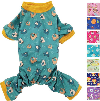 Dog Pajamas Soft COTTON Blend Jumpsuit Cute Pet Clothes for Small Medium Pet (Green Elephants 15", Chest 18" - 22")