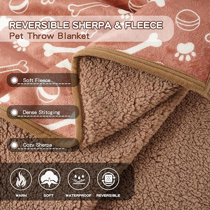 Waterproof Dog Blankets Pet Blanket 50"x60", Soft Fluffy Sofa Car Bed Protector, Reversible Sherpa Fleece Dog Blanket for Large Dogs (Light Brown-Baseball)