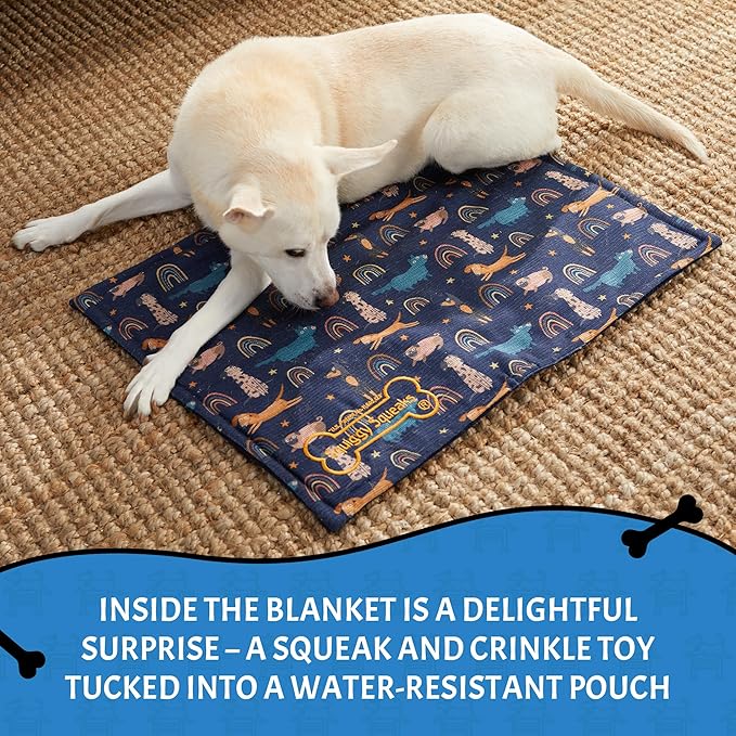 Toy & Blanket Combo.| Ultra Soft, Durable & Machine Wable Pet Blanket and Squeaky Teething Toys for Small Puppy to Medium Dogs | 22" x 27" - Blue/Dark Blue