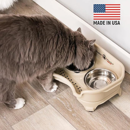 Neater Feeder - Express Model - Mess-Proof Cat Bowls (Cat, Almond) – Made in USA – Elevated, No Spill, Non-Tip, Non-Slip, Raised Stainless Steel Food & Water Pet Bowls