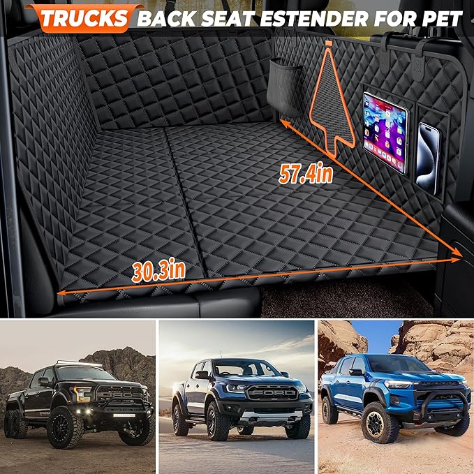 XL Dog Car Back Seat Cover for Trucks,Large Truck Backseat Extender with 6 Foldable Board, Pet Hammock Hard Bottom Bed Waterproof for Full Size Crew Cab Car Like F150 RAM 1500, Silverado,Black