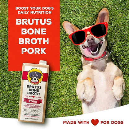 Brutus Bone Broth for Dogs | All Natural | Made in USA | Glucosamine & Chondroitin for Healthy Joints | Human Grade Ingredients | Hydrating Dog Food Topper, Gravy & Treat (Pork)