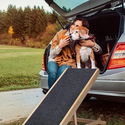 Wooden Adjustable Pet Ramp, Folding Portable Dog & Cat Ramp for Bed and Car, 4 Levels Height Adjustable Pet Ramp with Non-Slip Carpet Surface, Up to 176 Lbs/80kg