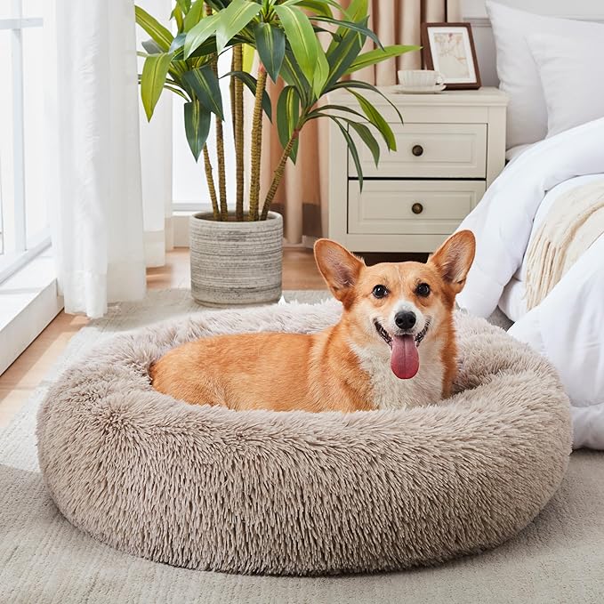 WESTERN HOME WH Calming Dog & Cat Bed, Anti-Anxiety Donut Cuddler Warming Cozy Soft Round Bed, Fluffy Faux Fur Plush Cushion Bed for Small Medium Dogs and Cats (20"/24"/27"/30")