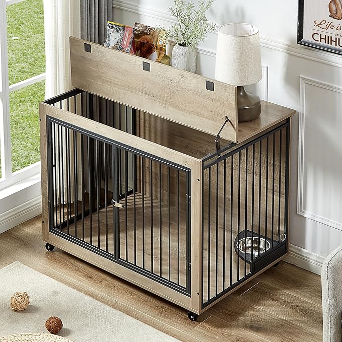 Okak Dog Crate Furniture Side Table Wooden Dog Crate With Rotatable Feeding Bowl on Casters Heavy-Duty Dog Kennel Indoor for Medium/Large Dog Opening,Grey,43.7"W