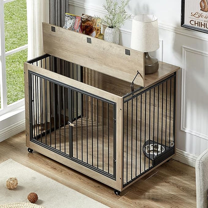 Okak Dog Crate Furniture Side Table Wooden Dog Crate With Rotatable Feeding Bowl on Casters Heavy-Duty Dog Kennel Indoor for Medium/Large Dog Opening,Grey,43.7"W