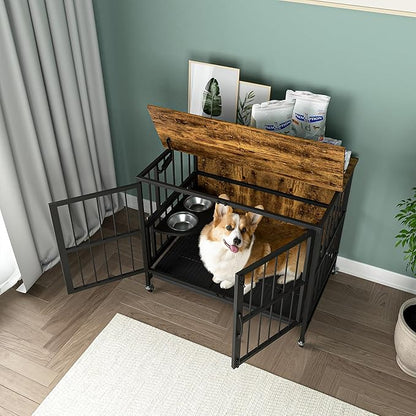 NicBex Dog Crate Furniture Dog Cage with 360 Degree Rotation Height Adjustable Feeding Bowls