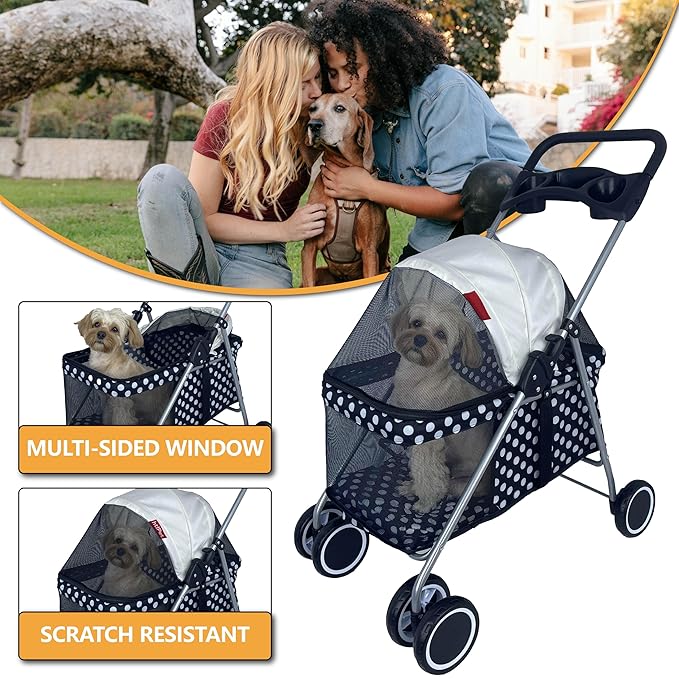 4 Wheels Posh Foldable Pet Stroller for Medium Small Dogs/Cats 33lbs(Black Dot)