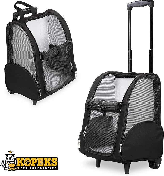 KOPEKS Deluxe Backpack Pet Travel Carrier with Double Wheels - Black - Approved by Most Airlines