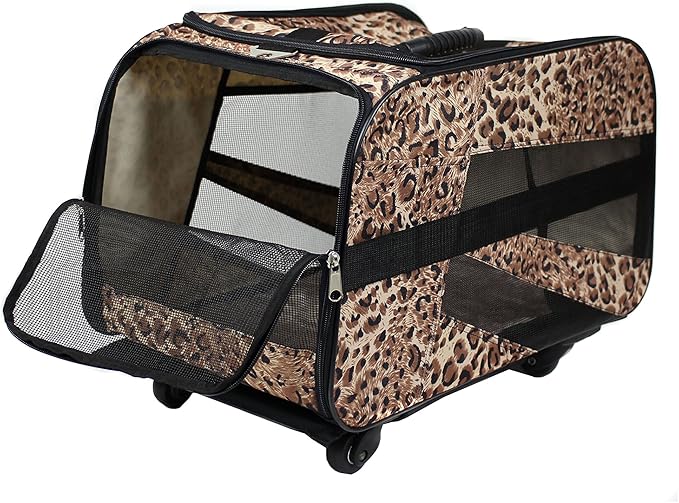 dbest products Pet Smart Cart, Small, Cheetah, Rolling Carrier with Wheels Soft Sided Collapsible Folding Travel Bag, Dog Cat Airline Approved Tote Luggage Backpack