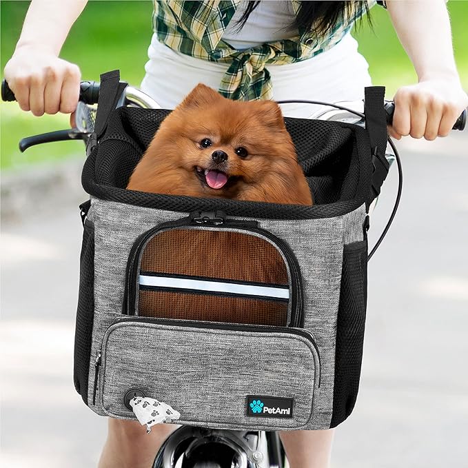 PetAmi Dog Bike Basket, Soft-sided Ventilated Dog Bike Carrier Backpack, Dog Pet Bicycle Basket for Bike Handlebar, Small Medium Puppy Cat Kitten Car Booster Seat with Safety Strap (Gray)