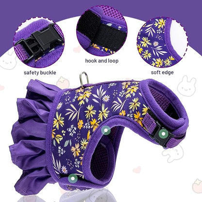 Rabbit Harness and Leash for Walking Escape Proof - Cute Floral Mesh Breathable Soft Bunny Vest Harness Outdoor for Camping, Hiking, Training - Also Suit for Ferret Kitten Puppy Small Animals