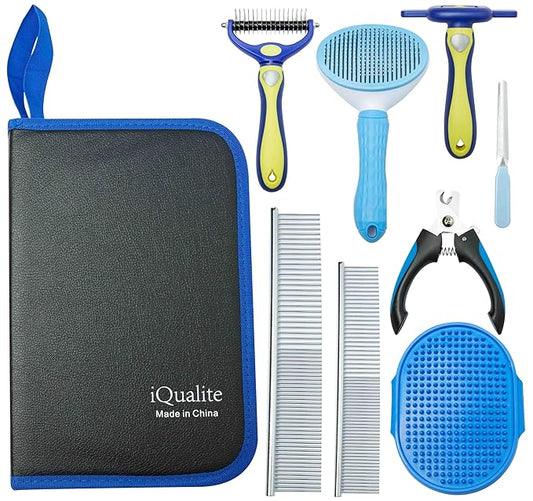 Dog Brush For Shedding Kit 8PCS Pet Grooming Kit for Dogs & Cats: Self Cleaning Slicker Brush, Deshedding Dog Brush, Bath Brush, Pets Nail Clippers & Complete Comb Set (Blue)