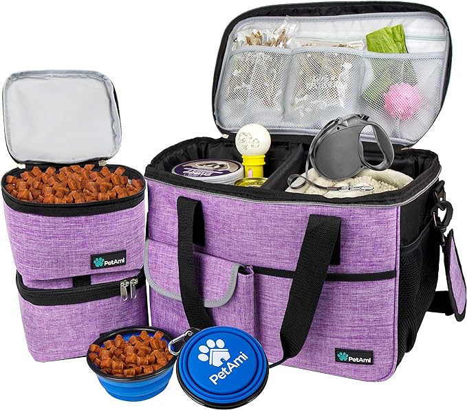 PetAmi Dog Travel Bag, Travel Pet Bag Organizer, Dog Food Travel Bag with Food Container and Bowls, Dog Travel Supplies Gift Accessories for Weekend Camping, Dog Cat Diaper Bag (Purple, Medium)