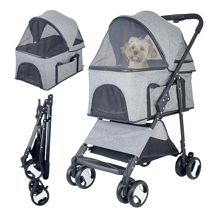 3-in-1 Dog Stroller for Medium Dogs 2 Dogs/Cats, 44lbs(Grey)