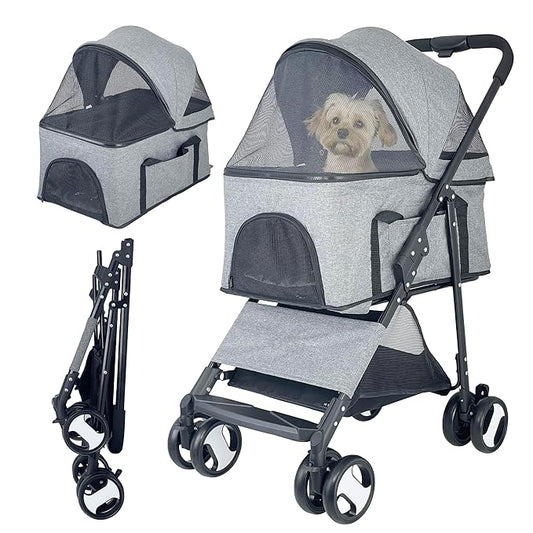 3-in-1 Dog Stroller for Medium Dogs 2 Dogs/Cats, 44lbs(Grey)