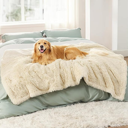 Bedsure Waterproof Dog Blankets for Large Dogs - Calming Cat Blanket for Bed Couch Protector Washable, Long Faux Fur Pet Throw Blanket for Puppy, Reversible Furniture Protection, 60"x80", Cream