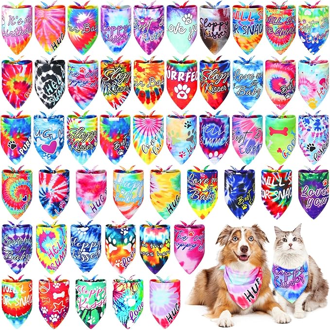 50 Pcs Tie Dye Dog Bandanas with Words