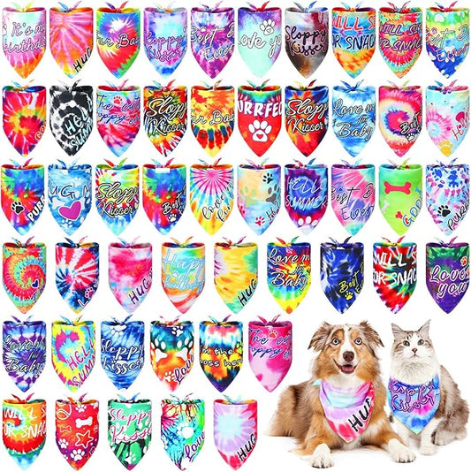 50 Pcs Tie Dye Dog Bandanas with Words