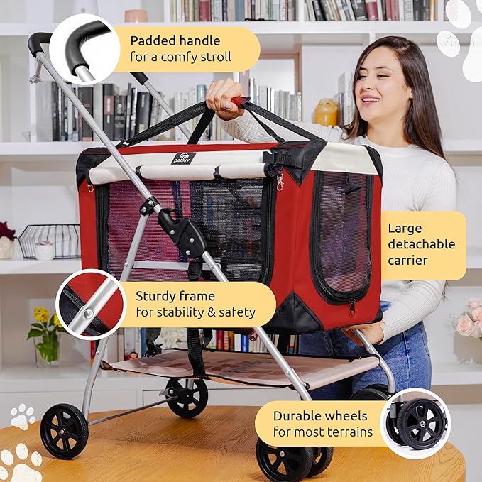 Large Premium Cat Stroller. Fits Up to 2 Cats. Pet Stroller with Top Loading & Side Loading, Soft Sided, Foldable Pet Crate. Includes Super Soft Bed, Vented Windows and Loads of Space