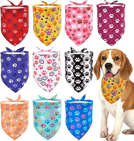 10PCS Dog Bandanas Small Medium with Paw Print Red Blue Yellow Pink Purple White Black Green Scarves for Boys and Girls Grooming Accessories Costume