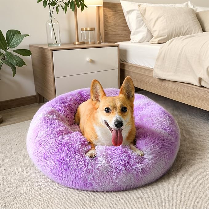 WESTERN HOME WH Calming Dog & Cat Bed, Anti-Anxiety Donut Cuddler Warming Cozy Soft Round Bed, Fluffy Faux Fur Plush Cushion Bed for Small Medium Dogs and Cats (20"/24"/27"/30")